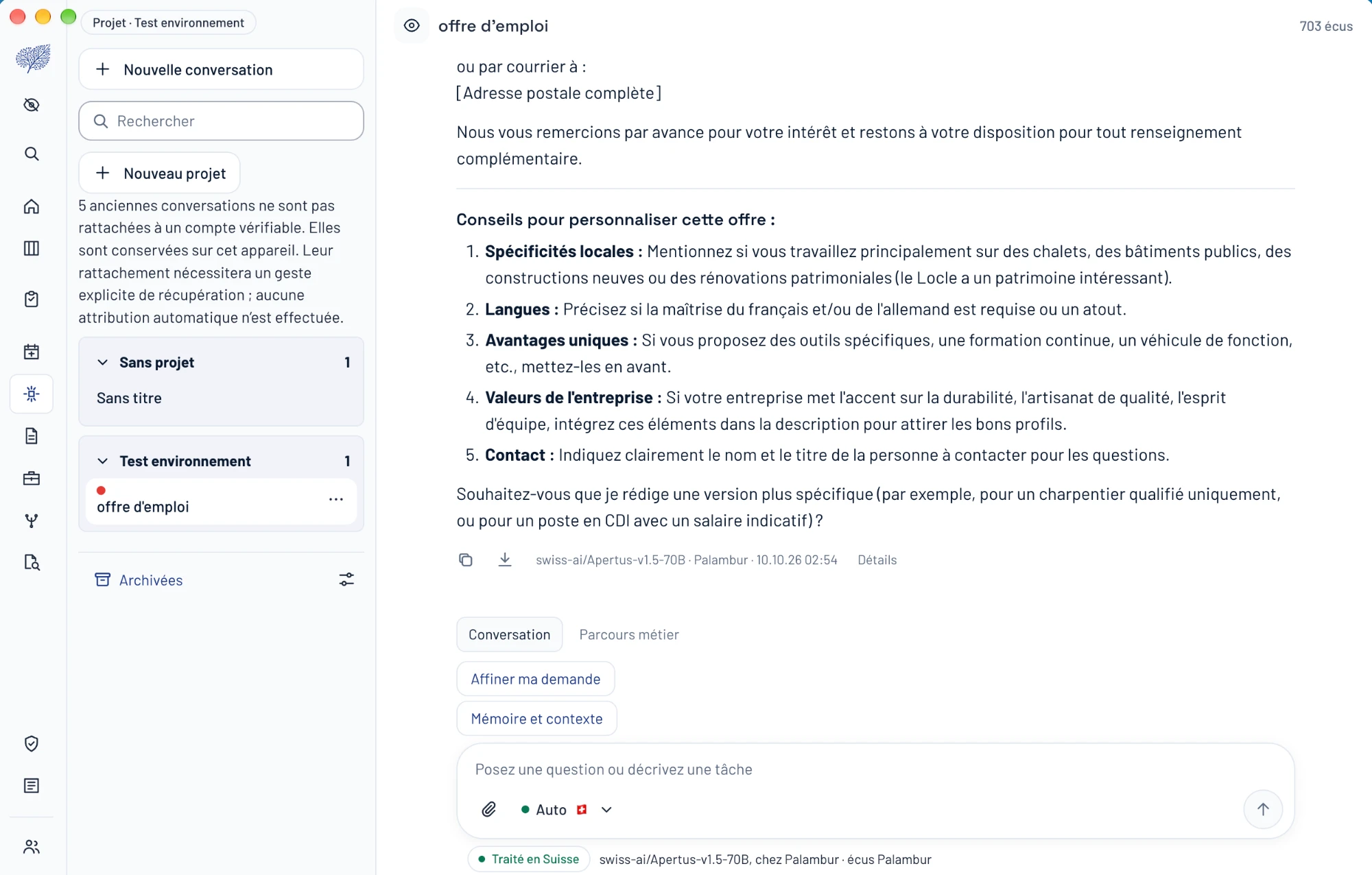 L’applicazione Palambur: una conversazione con Jacquard, i progetti a sinistra, il modello utilizzato e la dicitura «Elaborato in Svizzera».
