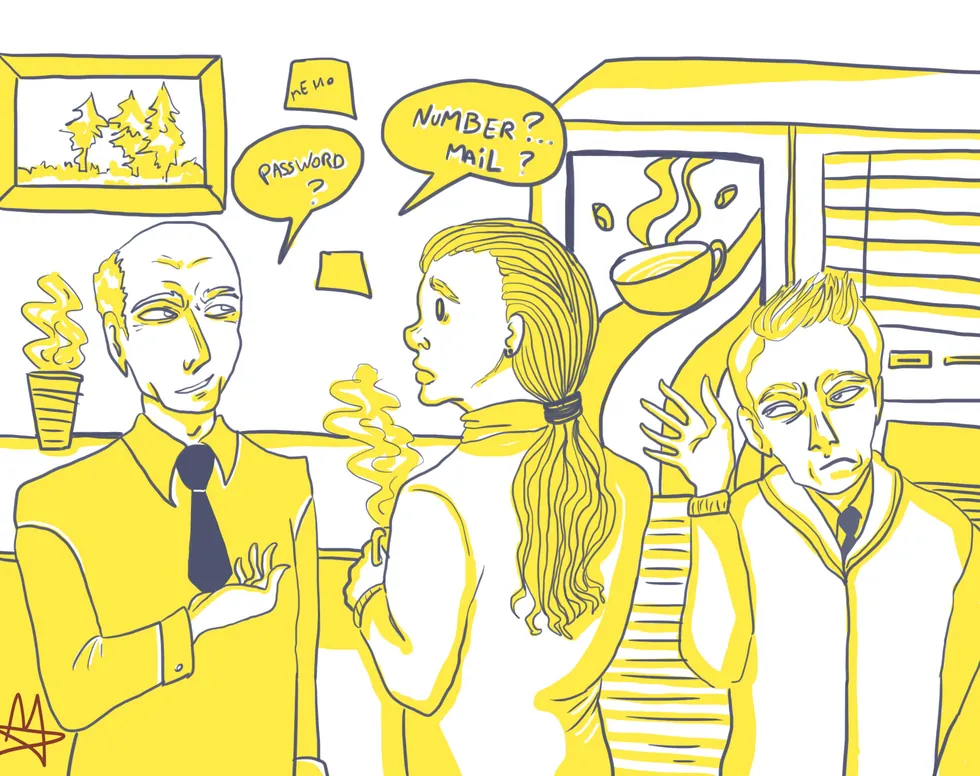 Illustration : à la pause café, un inconnu demande l'air de rien un mot de passe, un numéro, une adresse e-mail — l'ingénierie sociale commence par une conversation.