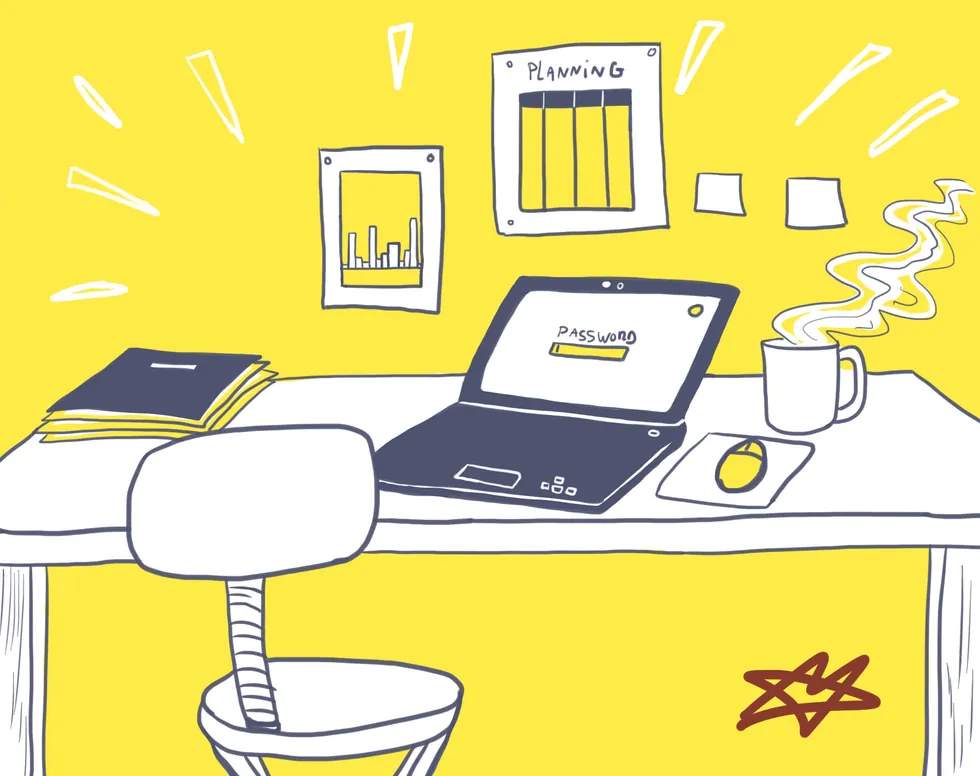 Illustration : un poste de travail quitté proprement — documents rangés, session verrouillée demandant le mot de passe — l'information est protégée à la source.