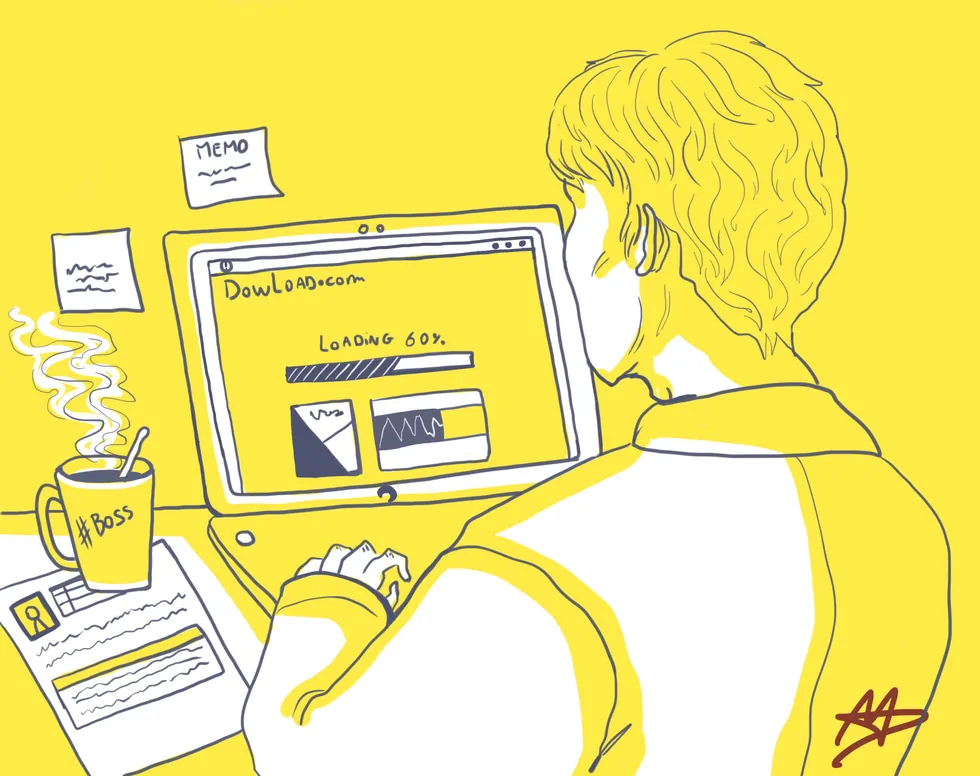 Illustration : un employé multiplie les fenêtres d'outils en ligne non homologués sur son poste de travail — le Shadow AI en action.