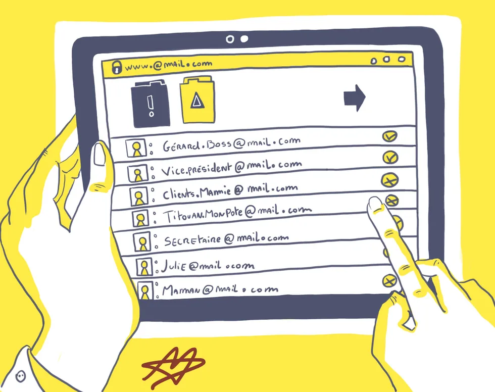 Illustration : une liste d'e-mails à l'apparence légitime sur tablette, avec un signalement d'alerte — le phishing généré par IA se repère à l'expéditeur.