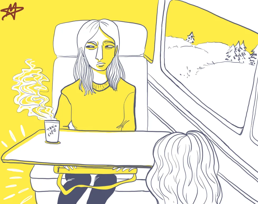 Illustration : une voyageuse navigue sur sa tablette dans le train pendant qu'un passager observe son écran — à distance, VPN obligatoire et écran à l'abri des regards.