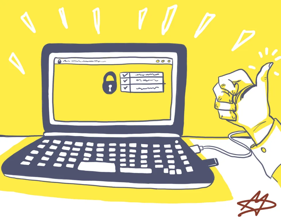Illustration : une clé USB branchée sur un ordinateur portable dont l'écran affiche un cadenas — les supports mobiles se chiffrent.