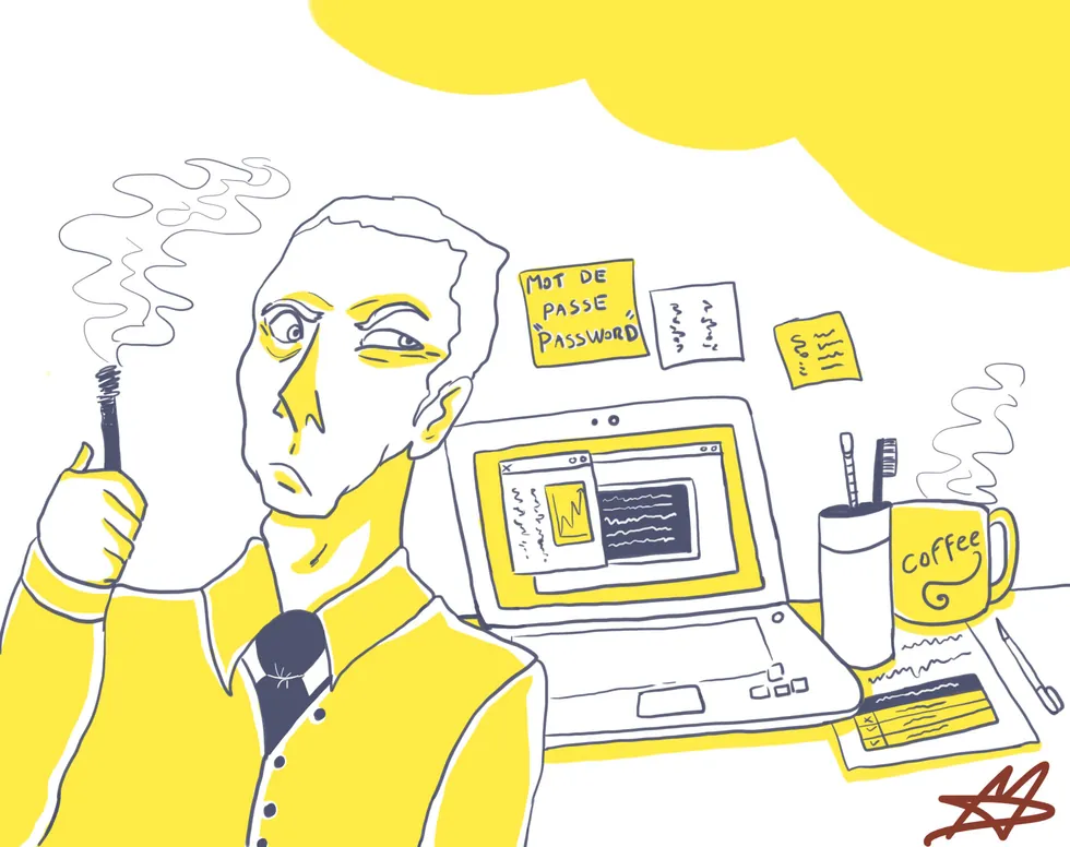 Illustration : un post-it « mot de passe » collé au mur à côté de l'ordinateur — l'exemple à ne jamais suivre.