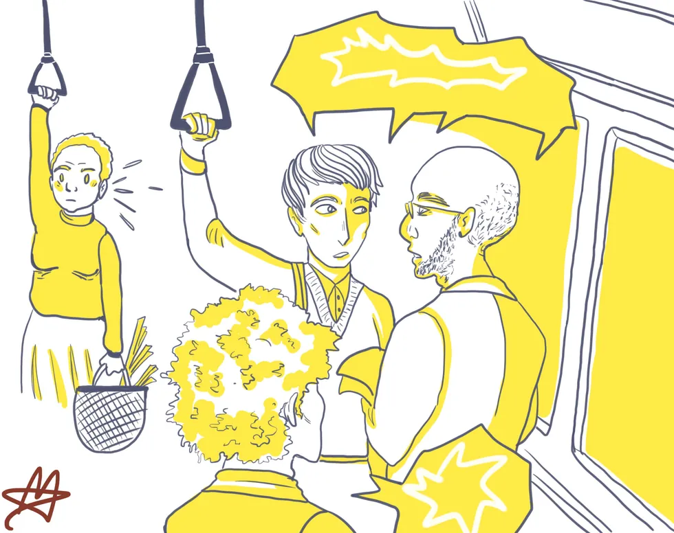 Illustration : deux collègues discutent à voix haute dans les transports publics pendant qu'une passagère entend tout — les sujets confidentiels restent au bureau.