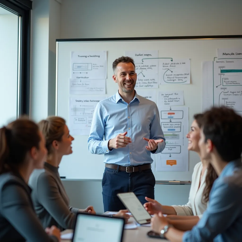 Formation en entreprise : le formateur au tableau blanc face aux équipes, exemples concrets à l'appui